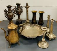 A Selection of metal items to include, two pairs of vases, a pair of candlesticks, a converted