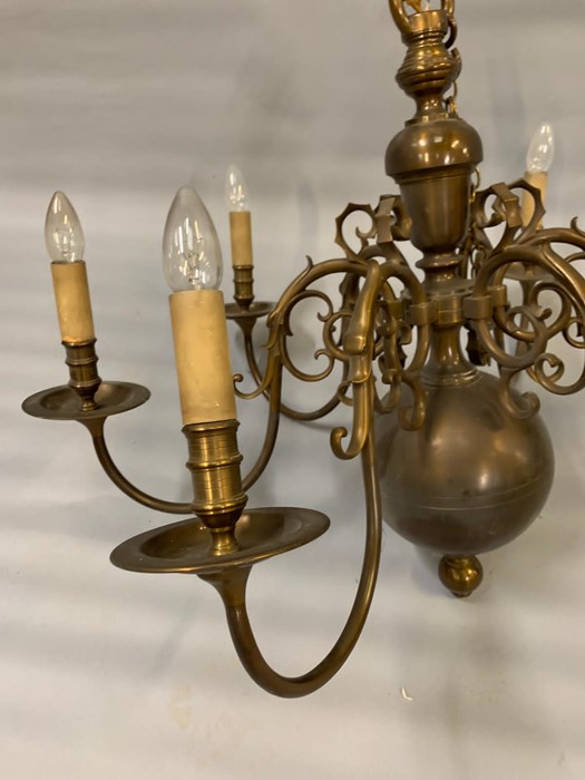 A six arm brass chandelier with brass orb to bottom (H75cm W90cm) - Image 3 of 5