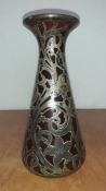 An Art Noveau cranberry vase inlaid with Sterling silver with foliage decoration, hallmarks (24.5 cm