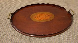 A mahogany tray with shell decorative inlay and brass handle AF