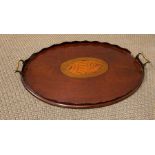 A mahogany tray with shell decorative inlay and brass handle AF