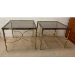 A Pair of Brass frame side tables with smoked glass and reeded legs (60 cm x 60 cm x 50 cm High)
