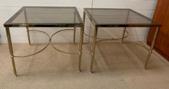 A Pair of Brass frame side tables with smoked glass and reeded legs (60 cm x 60 cm x 50 cm High)