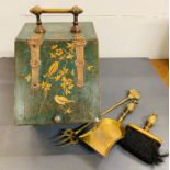 A beautiful patina coal scuttle with brass inlay birds to front along with fire tools. 40 x 40