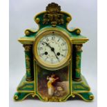 A Mid 19th Century French eight day mantle clock, front porcelain plaque is signed O Meisel.