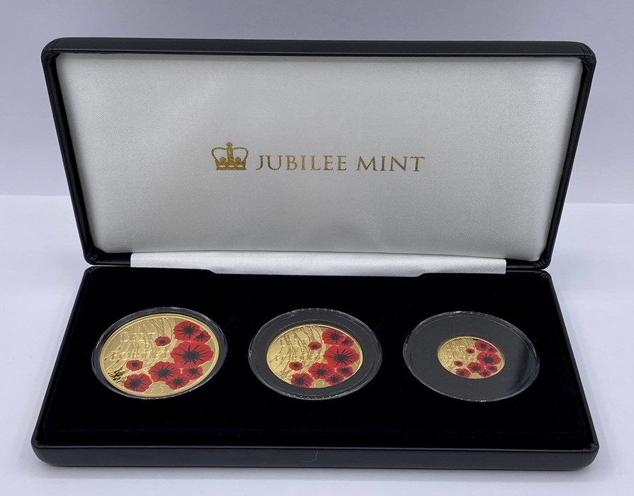 The 2019 Remembrance Day Solid 22 Carat Gold proof coin collection by Jubilee Mint, weights of coins