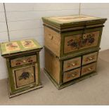 A painted trunk on chest of drawers along with a bedside of same design (H90cm W76cm D50cm bedside