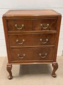 Three drawer mahogany Queen Anne style chest on legs (H86cm W62cm D40cm)