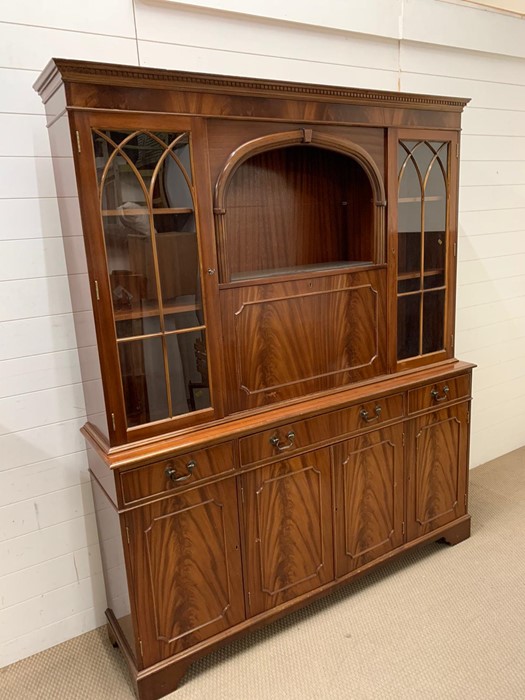 A mahogany display unit with drop down drinks cabinet and four panel cabinets below - Image 2 of 3