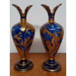 A pair of vintage floral ware flow blue gold glaze vases, with Thomas Forester & Sons of Longton