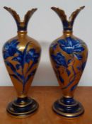 A pair of vintage floral ware flow blue gold glaze vases, with Thomas Forester & Sons of Longton