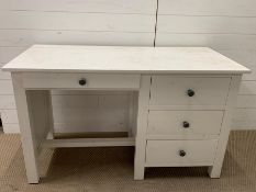 A white desk with three drawers to right hand side and one drawer over knee hole (H76cm W130cm