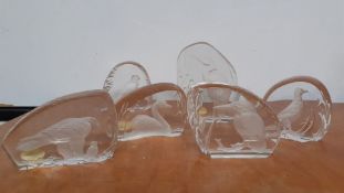 A collection of six hand made wedgwood crystal paperweight with diferent birds inset, (12 cm