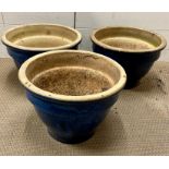 Three glazed blue garden pots (H28cm Dia40cm)