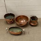 Four items of copper ware, one stamped Adams and Sons London