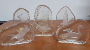 A collection of six hand made wedgwood crystal paperweight with diferent birds inset, (11 cm