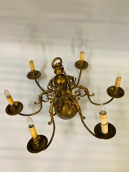 A six arm brass chandelier with brass orb to bottom (H75cm W90cm) - Image 5 of 5