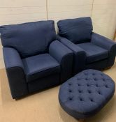 Two blue armchairs, one of which is a recliner and one with footstool
