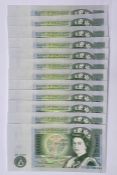 A selection of twelve uncirculated, consecutively numbered one pound notes