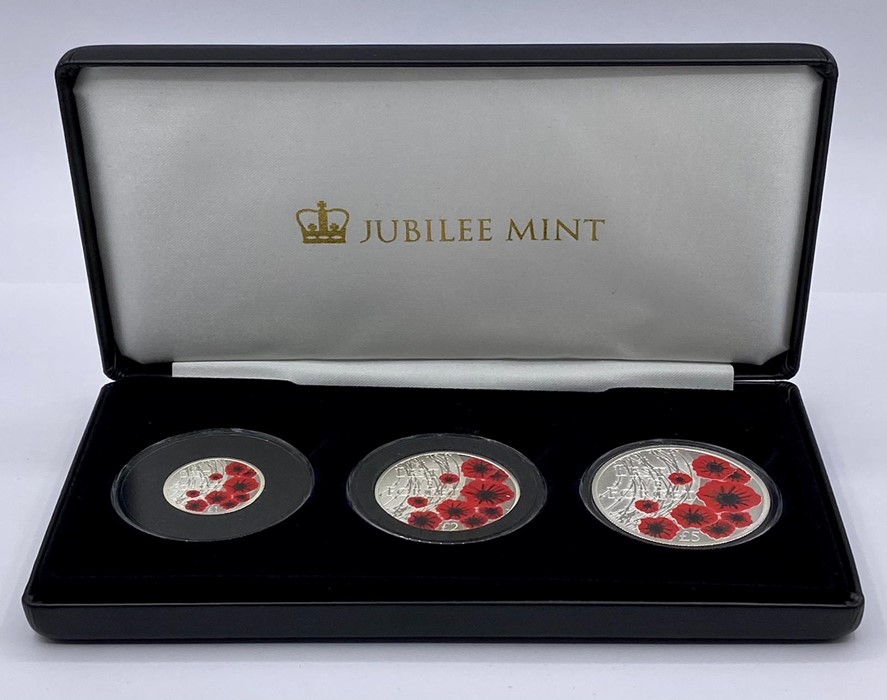 The 2019 Remembrance Day Solid Silver Proof Coin Collection, denomination £1, £2 & £5 weights 10g,