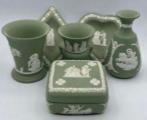 A group of vintage wedgwood ‘sage green’ jasper ware comprising of trinket pots and vases (6)