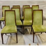 Eight G-Plan dining chairs with green upholstery
