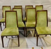 Eight G-Plan dining chairs with green upholstery