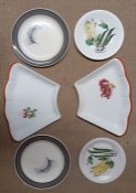 A collection of six plates designed by Clarice Cliff, Susie Cooper and Estece, hand paintd. (21.5 cm