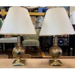 A Pair of Table Lamps with brass effect base and orb centre (42cm High)