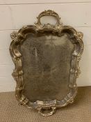 A white metal serving tray with four feet (75cm long x 46cm deep)