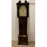 A mahogany longcase clock, the case with scrolled pediment and bracket feet