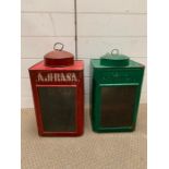 Two industrial style wall hanging lanterns (H43cm W23cm D23cm)