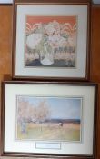 A pair of prints after Charles Rennie Mackintosh "Peonies" and Sir Alfred East "Ploughing', framed