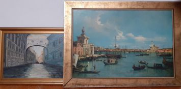 A print after Canaletto and an oil on canvas signed: 'G. Philippson', (44x65 cm largest). (2)