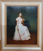 A oil on panel depicting a lady sitting with violin, signed: 'K.Hale', framed, (24x19 cm).