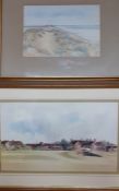 A watercolour signed 'J.A.T' of a shorescape dated 1926 and a print of a golf course. (2)