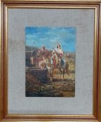 A copy of Adolf Schreyer's 'Horsemen at a Well', oil on panel, framed, (18x13 cm).