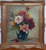 A 20th century English school, 'Vase with roses', illegibly signed (Elina Haring?), oil on panel,