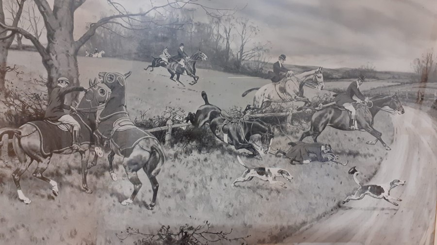 A print after Gilbert Scott Wright (1880-1958), "A fine hunting day", framed and glazed (36x55 cm). - Image 2 of 2