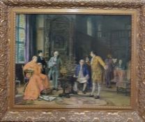 A hand embellished canvas print after Margaret Dovaston (British), `The Conference`, within a gilded