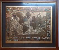 A gilded print world map from an original engraving by Moses Pitt in 1681, framed and glazed, (41x52