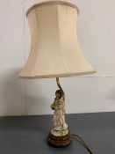 A table lamp with a china figure of a girl holding a lamb