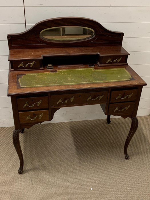 A mahogany writing desk with a mirrored back, glass ink well and green leather top AF (H105cm - Image 2 of 4