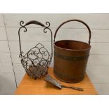 A Copper and brass bound bucket and metal wire work basket (Bucker 27 cm H)