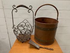 A Copper and brass bound bucket and metal wire work basket (Bucker 27 cm H)