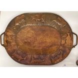 A Large copper tray with cow design, signed to back JP 1905