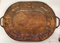 A Large copper tray with cow design, signed to back JP 1905