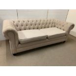 A linen style upholstery button back chesterfield sofa (H75cm W220cm D95cm)