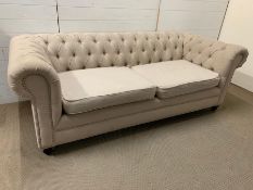 A linen style upholstery button back chesterfield sofa (H75cm W220cm D95cm)