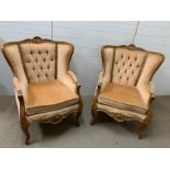 A pair of French button back arm chairs with scroll arms (H98cm W84cm)